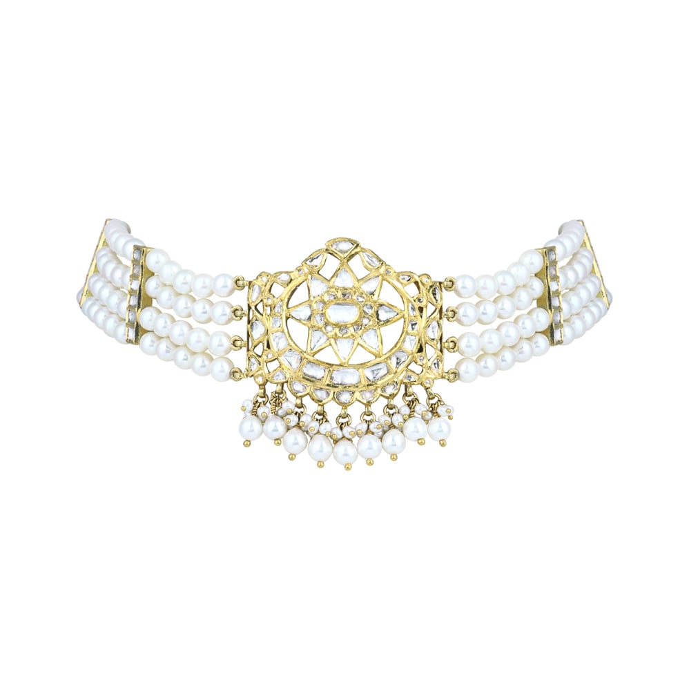 Polki Choker with Pearl Strands and Geometric Central Motif